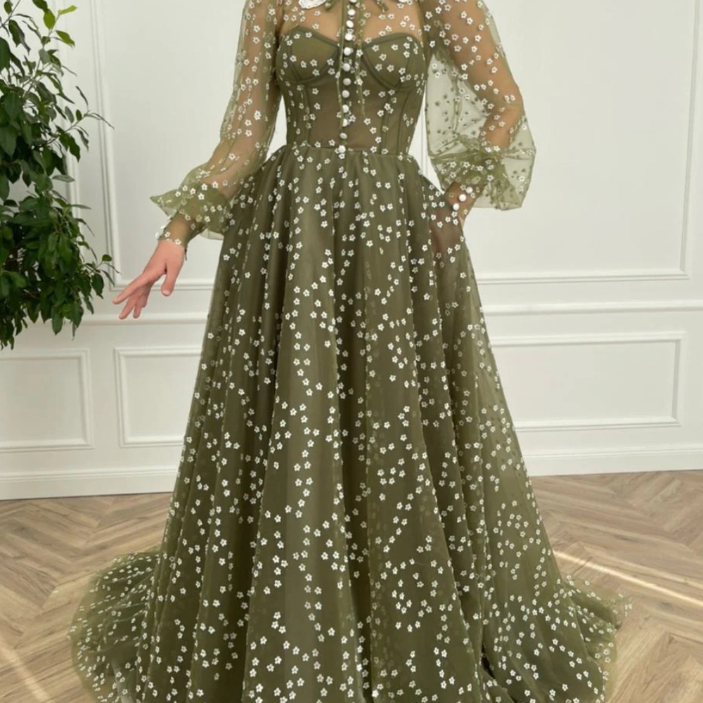 Elegant Olive Green Floral Lace Dress - Picture 3 of 9